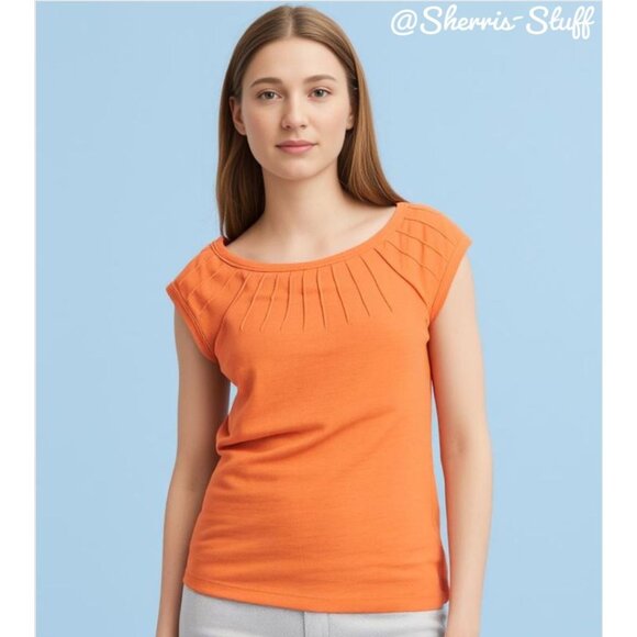 Theory Orange Short Cap Sleeve Pleated Neck T-shirt Top Pima Cotton Stretch P XS - Picture 2 of 11
